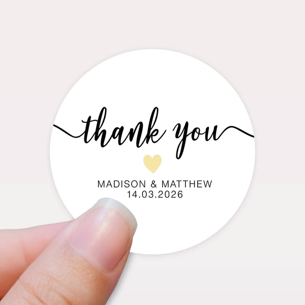 Personalised Thank You Wedding Stickers – Modern Script with Pastel Yellow Heart