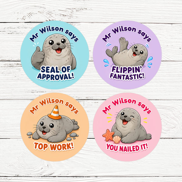 Personalised Seal Teacher Reward Stickers | Cute Ocean Animal Classroom Praise Labels