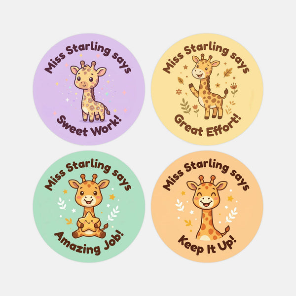 Personalised Giraffe Reward Stickers for Teachers | Cute Classroom Praise Labels