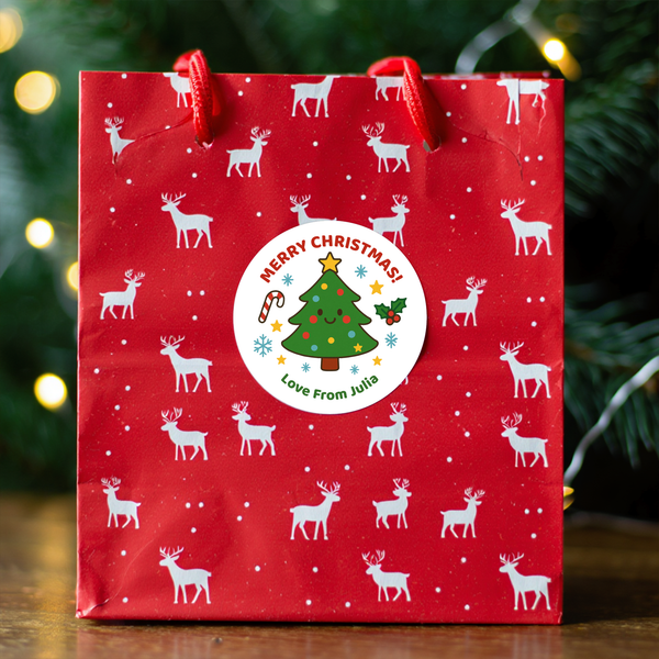 Personalised Kids Christmas Sticker Labels Cute Xmas Trees Merry Christmas