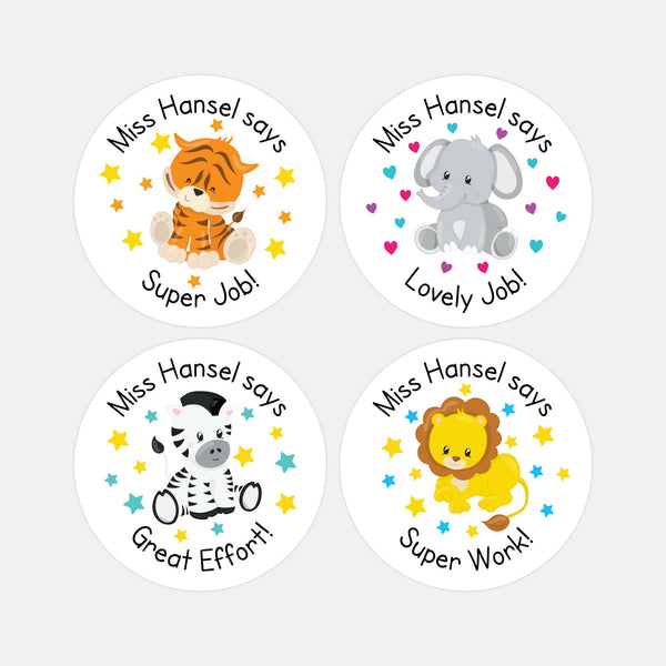Personalised Teacher Reward Stickers Custom Name Label Jungle Animals Set
