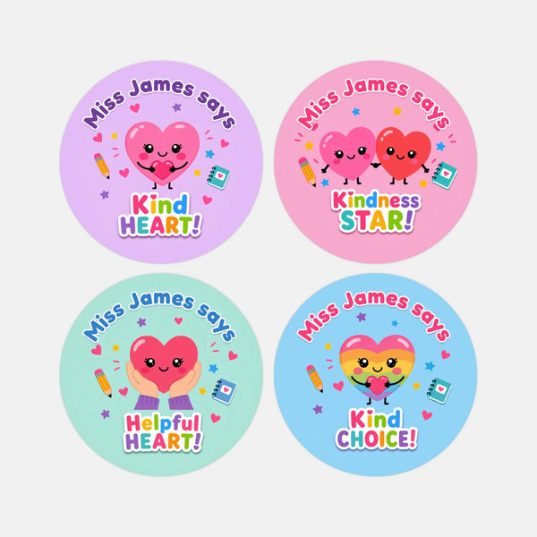 Personalised Kindness Reward Stickers for Teachers | Heart Classroom Praise Labels