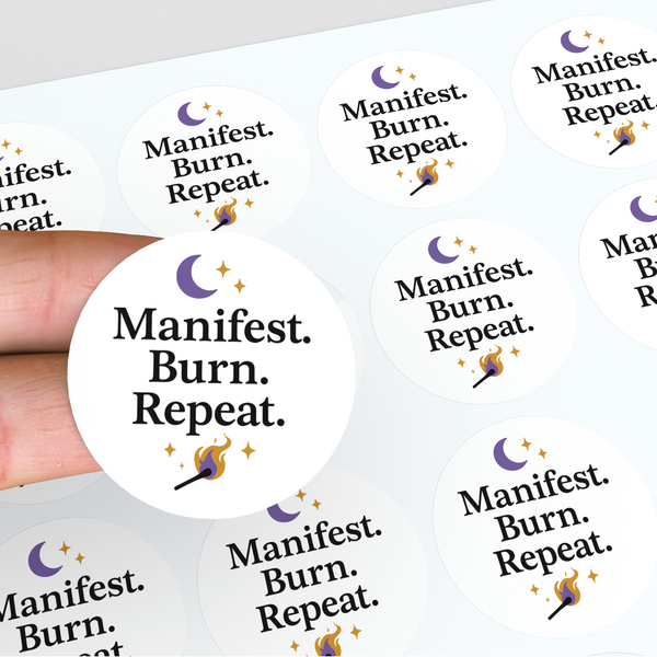 “Manifest. Burn. Repeat.” Candle Label Stickers