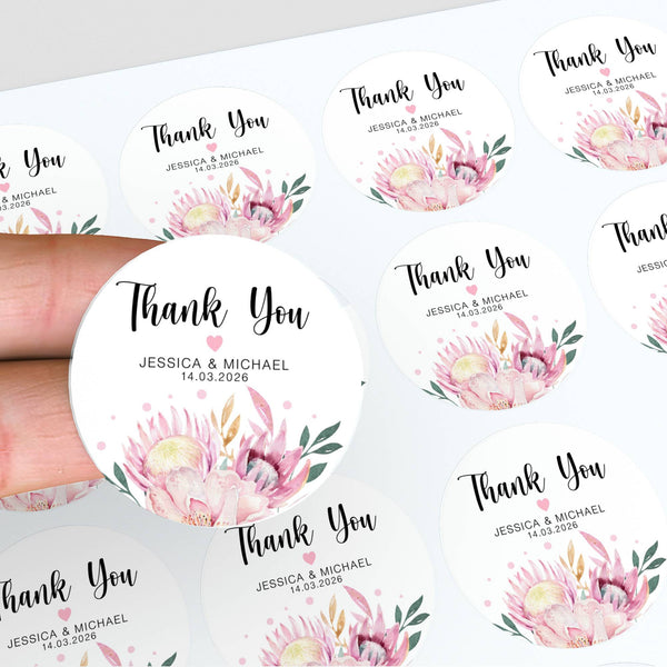 Personalised Thank You Wedding Stickers – Pink Protea & Blush Floral Design