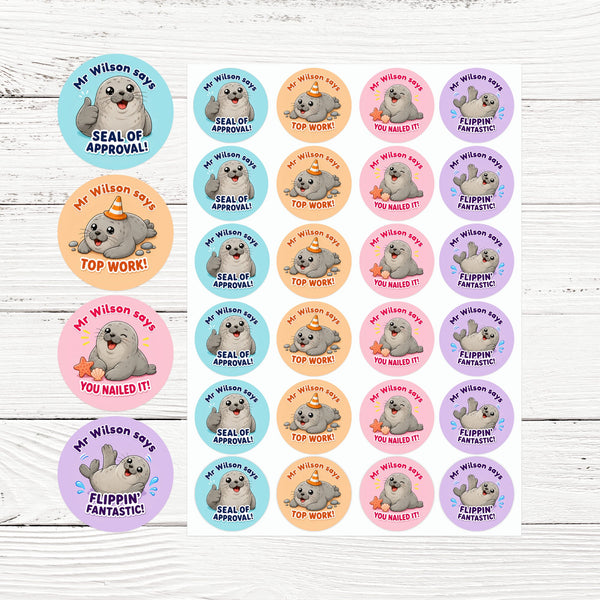 Personalised Seal Teacher Reward Stickers | Cute Ocean Animal Classroom Praise Labels