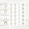 Sheet of round personalised teacher stickers with rainbows, stars, and encouragement phrases.