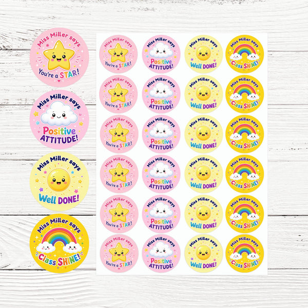 Personalised Rainbow Star Reward Stickers for Teachers | Bright Classroom Praise Labels