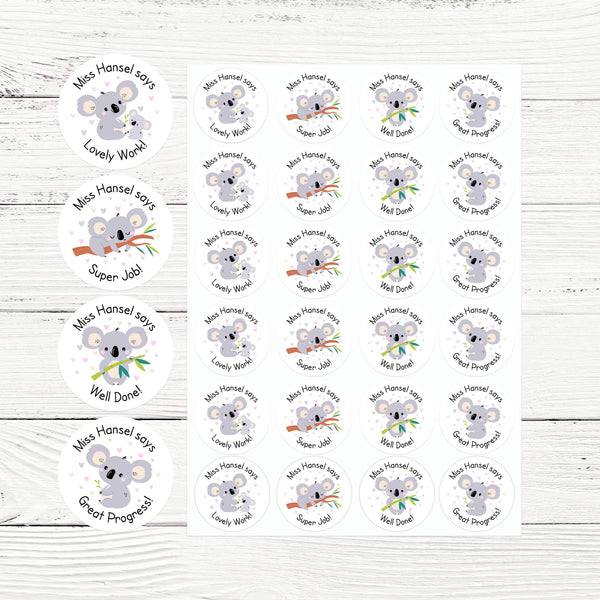 Personalised Koala Teacher Reward Stickers Labels Kids