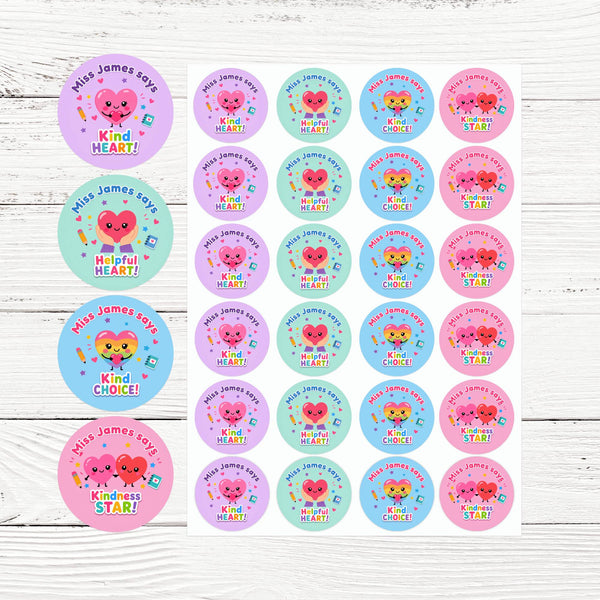 Personalised Kindness Reward Stickers for Teachers | Heart Classroom Praise Labels