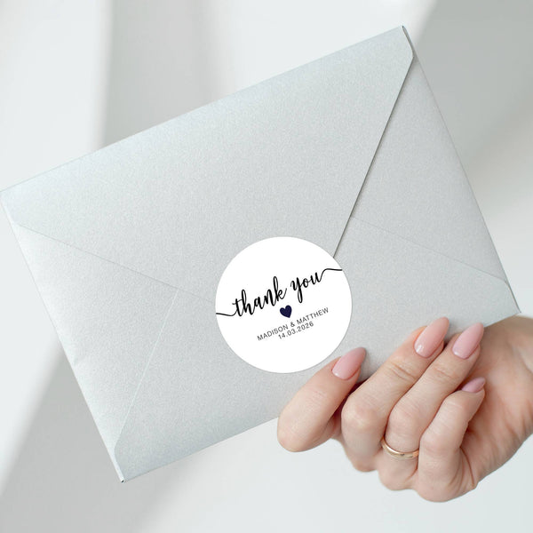 Personalised Thank You Wedding Stickers – Classic Script with Navy Heart