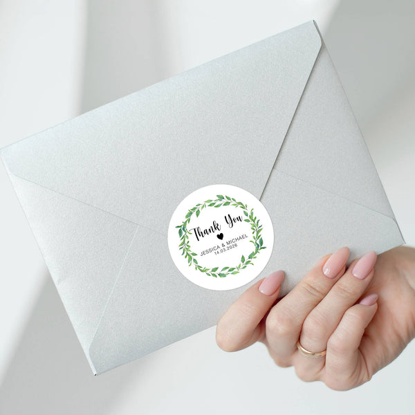 Personalised Thank You Wedding Stickers – Green Leaf Wreath Design
