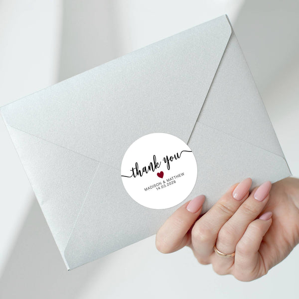Personalised Thank You Wedding Stickers – Modern Script with Burgundy Heart