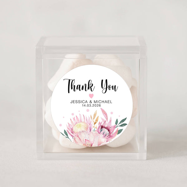 Personalised Thank You Wedding Stickers – Pink Protea & Blush Floral Design