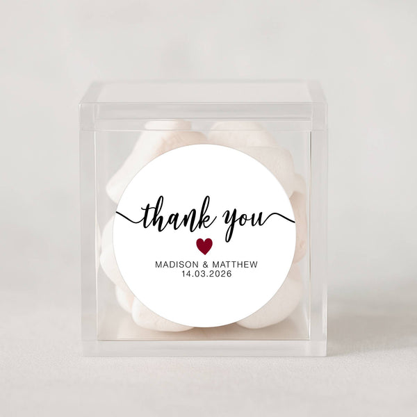 Personalised Thank You Wedding Stickers – Modern Script with Burgundy Heart