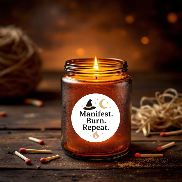 “Manifest. Burn. Repeat.” (Gold Edition) Candle Label Stickers