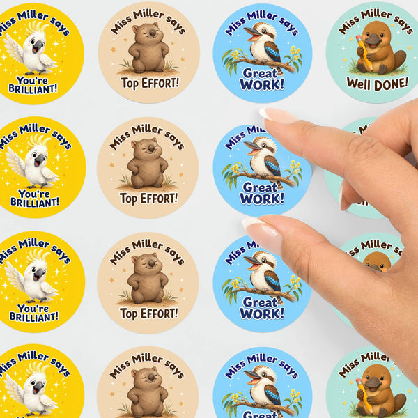Personalised Australian Animal Reward Stickers for Teachers | Cute Classroom Praise Labels