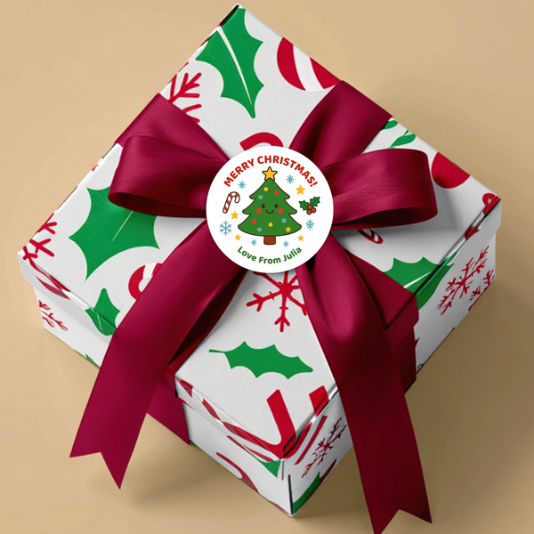 Personalised Kids Christmas Sticker Labels Cute Xmas Trees Merry Christmas