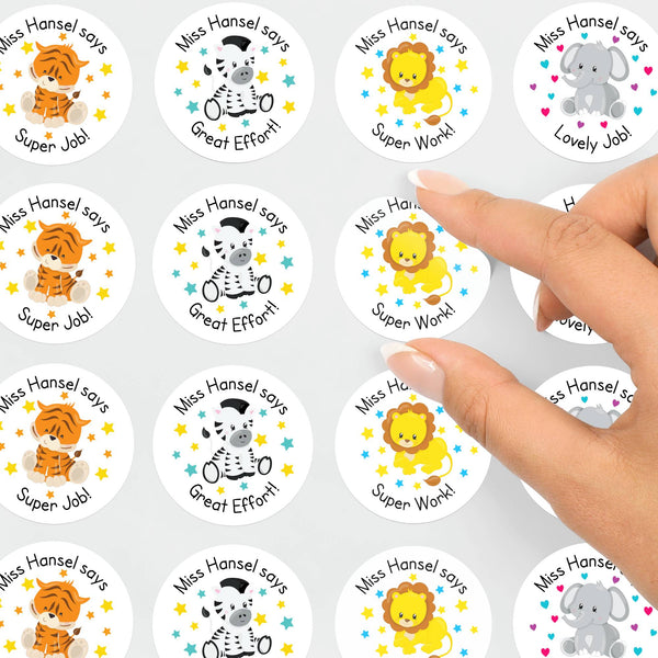 Personalised Teacher Reward Stickers Custom Name Label Jungle Animals Set