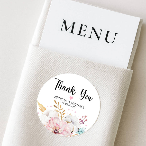 Personalised Thank You Wedding Stickers – Blush Floral Design
