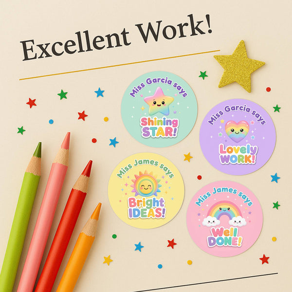 Personalised Pastel Rainbow Reward Stickers for Teachers | Cute Classroom Praise Labels