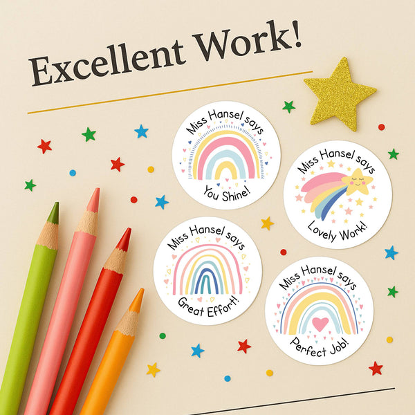 Personalised Teacher Reward Stickers Labels Pastel Rainbow & Shooting Star Set