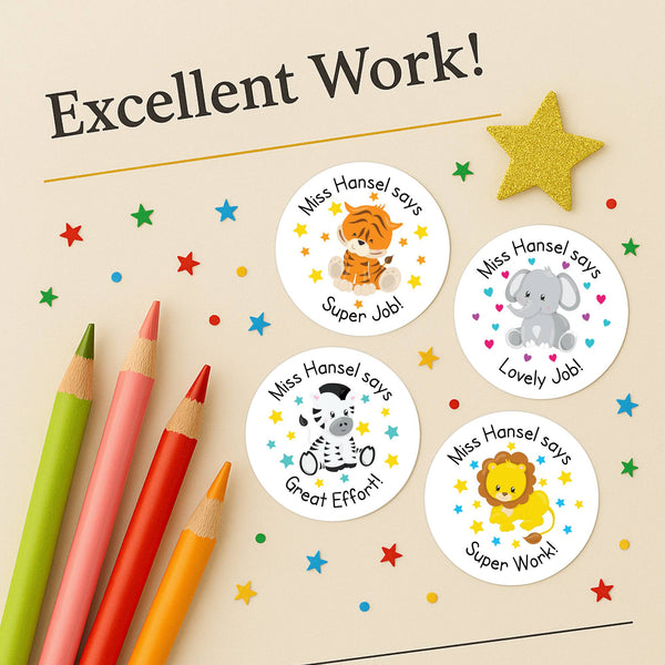 Personalised Teacher Reward Stickers Custom Name Label Jungle Animals Set
