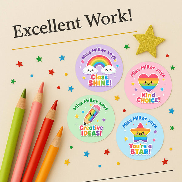 Personalised Rainbow Reward Stickers for Teachers | Colourful Classroom Praise Labels