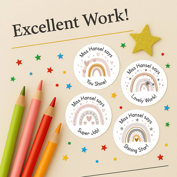 Personalised Teacher Reward Stickers Boho Rainbow Labels
