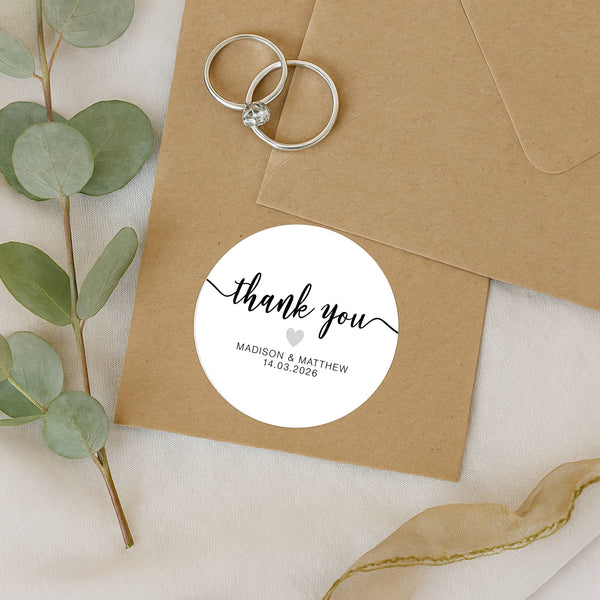 Personalised Thank You Wedding Stickers – Modern Script with Soft Grey Heart