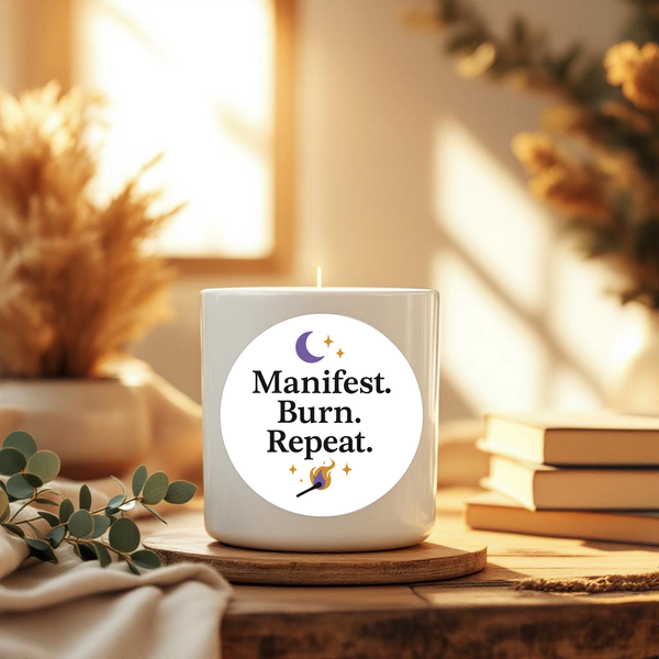 “Manifest. Burn. Repeat.” Candle Label Stickers