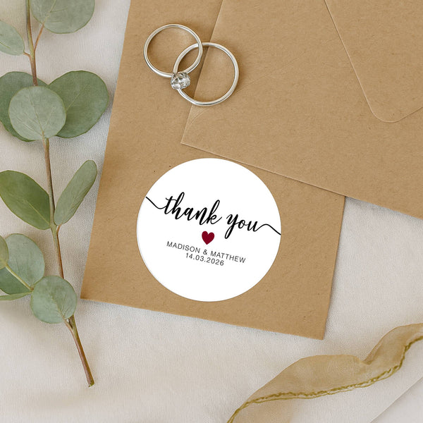 Personalised Thank You Wedding Stickers – Modern Script with Burgundy Heart