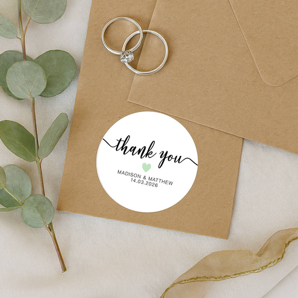 Personalised Thank You Wedding Stickers – Modern Script with Sage Green Heart