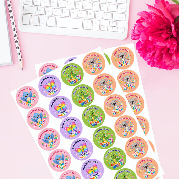 Personalised Animal Reward Stickers for Teachers | Bright Classroom Praise Labels