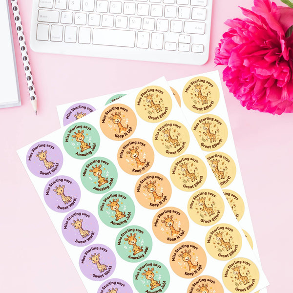 Personalised Giraffe Reward Stickers for Teachers | Cute Classroom Praise Labels