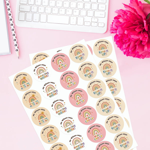 Personalised Boho Rainbow Reward Stickers for Teachers | Neutral Classroom Praise Labels