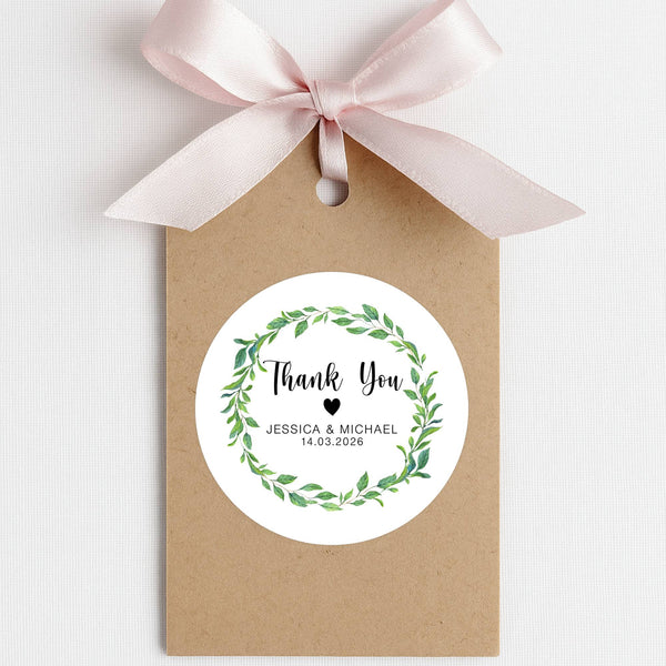 Personalised Thank You Wedding Stickers – Green Leaf Wreath Design