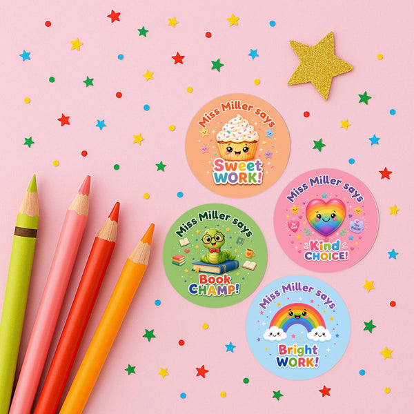 Personalised Bright Reward Stickers for Teachers | Colourful Classroom Praise Labels