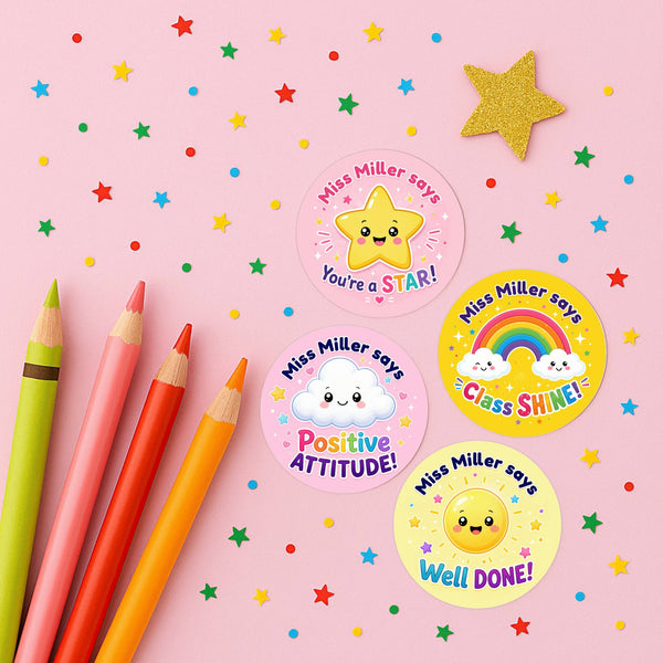 Personalised Rainbow Star Reward Stickers for Teachers | Bright Classroom Praise Labels