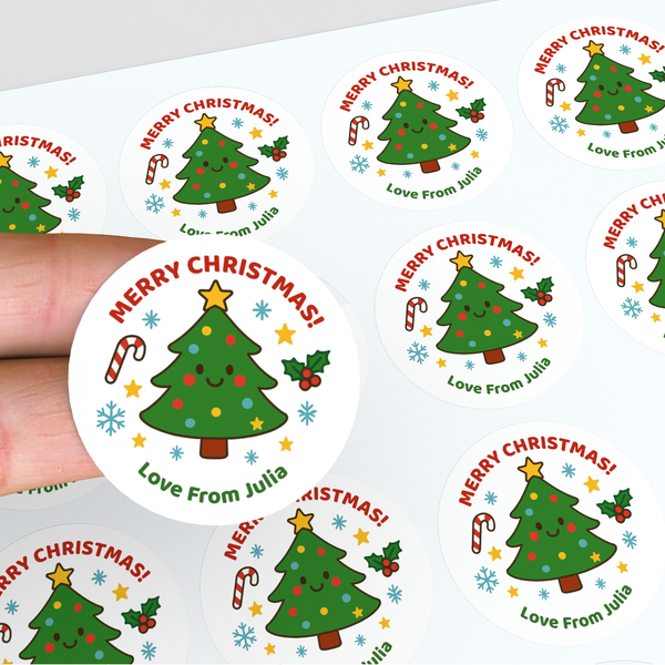 Personalised Kids Christmas Sticker Labels Cute Xmas Trees Merry Christmas