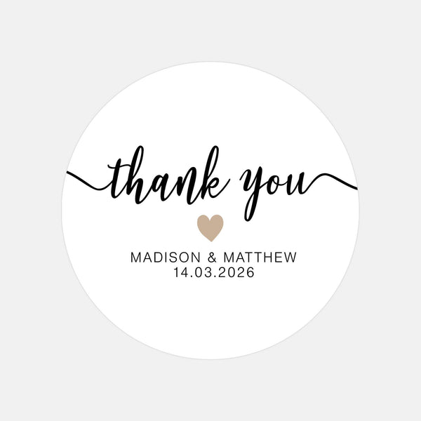 Personalised Thank You Wedding Stickers – Modern Script with Taupe Heart