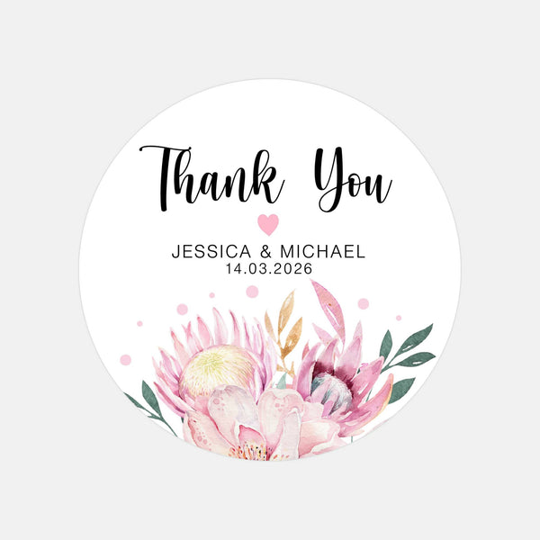 Personalised Thank You Wedding Stickers – Pink Protea & Blush Floral Design