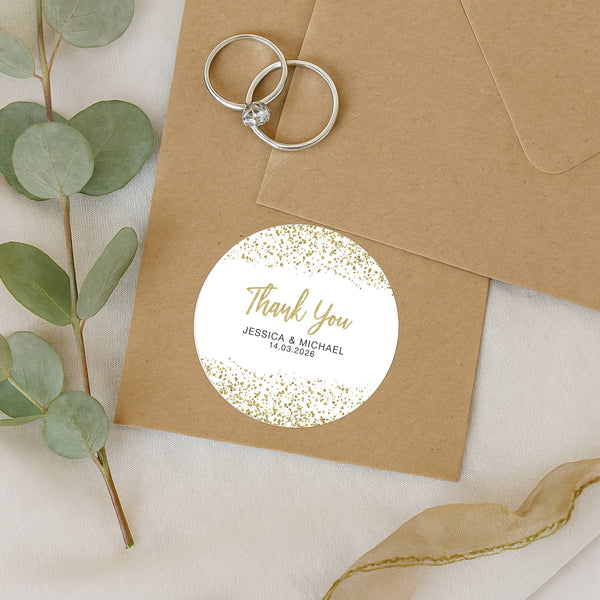 Personalised Gold Glitter Thank You Wedding Stickers