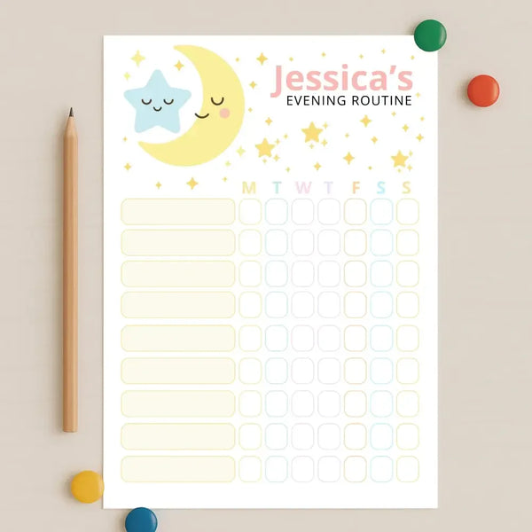 Evening Routine Chart – Editable Name & Title (A4, A3 & US Letter) - Sticksy Prints Australia