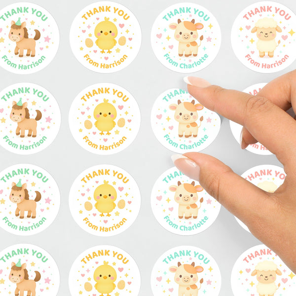Farm Animal Thank You Stickers – Horse Sheep Chick & Cow | Personalised Party Favour Labels