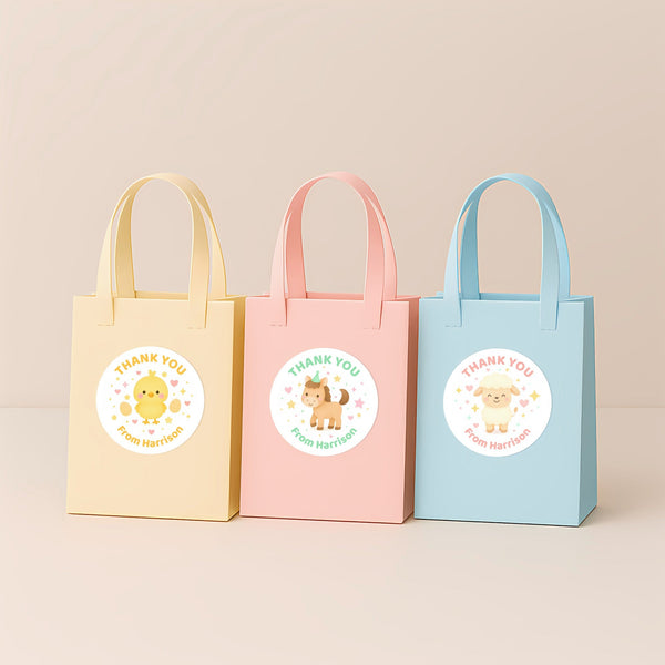Farm Animal Thank You Stickers – Horse Sheep Chick & Cow | Personalised Party Favour Labels