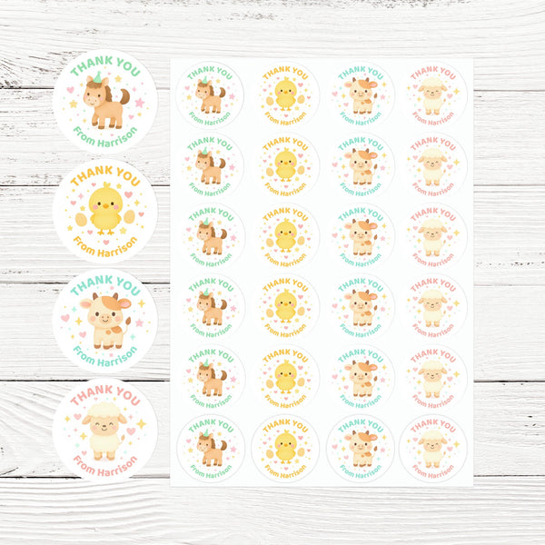 Farm Animal Thank You Stickers – Horse Sheep Chick & Cow | Personalised Party Favour Labels