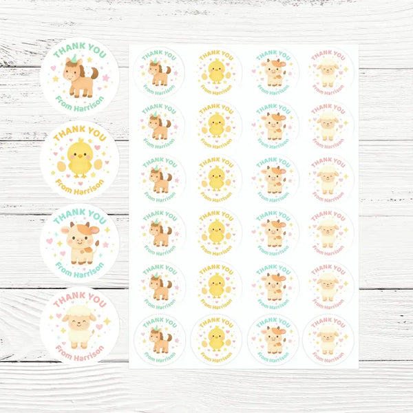 Farm Animal Thank You Stickers – Horse, Sheep, Chick & Cow | Personalised Party Favour Labels - Sticksy Prints Australia