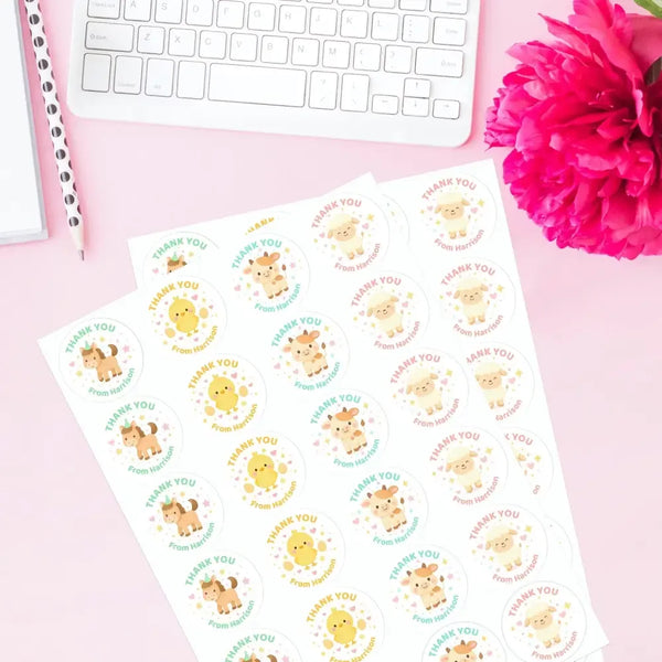 Farm Animal Thank You Stickers – Horse, Sheep, Chick & Cow | Personalised Party Favour Labels - Sticksy Prints Australia