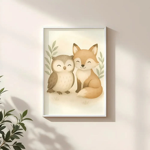 Fox and Owl Nursery Wall Art Print | Woodland Animal Watercolour | Digital Download - Sticksy Prints Australia