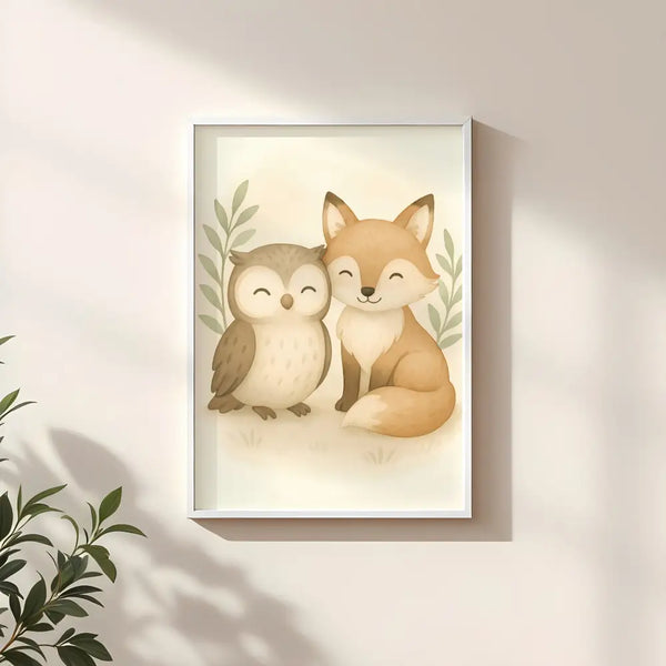 Fox and Owl Nursery Wall Art Print | Woodland Animal Watercolour | Digital Download